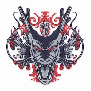 Dragon Head Embroidery Design, Asian Mythical Beast Patch File, Left Chest and Jacket Sizes, Emb Pes Dst Jef Formats