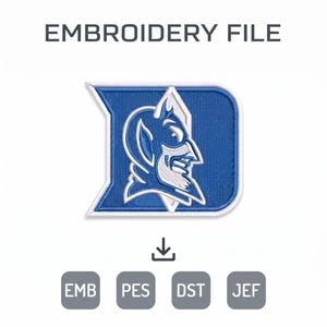 May include: An embroidery file featuring a blue and white letter D logo with a devil mascot design inside. The text EMBROIDERY FILE appears at the top, with a download icon and the file formats EMB, PES, DST, and JEF listed in gray boxes below.