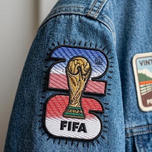 Peut inclure: Une veste en jean bleu avec un grand écusson brodé sur la manche. L'écusson affiche le chiffre 22 avec un trophée doré de la Coupe du Monde de la FIFA au centre, superposé sur des rayures rouges, blanches et bleues avec le texte FIFA en dessous.