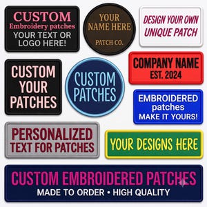 Puede incluir: Una colección de parches bordados rectangulares y circulares en varios colores, incluyendo negro, blanco, rojo, azul, verde y gris. Cada parche presenta texto personalizado como CUSTOM, YOUR NAME HERE, DESIGN YOUR OWN y COMPANY NAME.
