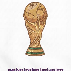 Puede incluir: Un trofeo bordado de color dorado que presenta un globo terráqueo sostenido por dos figuras, con una banda verde en la base. Debajo del trofeo, el texto dice EMB | VP3 | EXP | PES | JEF | HUS | DST, indicando varios formatos de archivo de bordado digital.