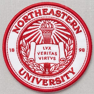 May include: A circular embroidered patch featuring the Northeastern University seal in red and white. The design includes a central torch, a scroll with the text LVX VERITAS VIRTVS, the numbers 18 and 98, and the words NORTHEASTERN UNIVERSITY.