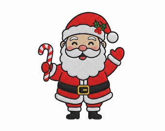 Puede incluir: Ilustración de dibujos animados de Papá Noel, con un traje rojo con cinturón negro y hebilla dorada, barba blanca y gorro rojo con acebo. Sostiene un bastón de caramelo y saluda con la mano. Fondo blanco.