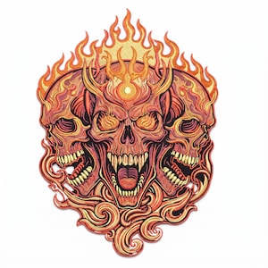 May include: A decorative wall art piece featuring three skulls arranged in a cluster, surrounded by stylized orange, red, and yellow flames. The central skull has an open mouth with visible teeth, while the two side skulls are angled outward.