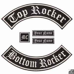 May include: A set of black and white embroidered patches featuring a curved top rocker with the text Top Rocker, a curved bottom rocker with the text Bottom Rocker, a square patch with the text MC, and two rectangular patches with the text Your Name.