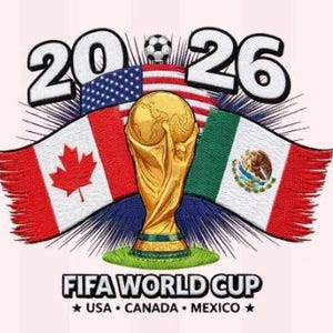 May include: An embroidered patch featuring the gold FIFA World Cup trophy centred between the flags of Canada, the USA, and Mexico. The text 2026 appears at the top with a football, and FIFA WORLD CUP USA CANADA MEXICO is at the bottom.