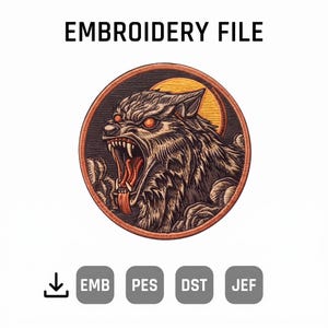 Angry Wolf Moon Patch Embroidery Design, Horror Monster Circle Machine File, Spooky Wolf Embroidered Motif (Digital File)