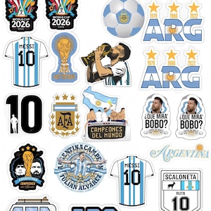 May include: A collection of vinyl stickers featuring Argentina soccer themes, including the 2026 World Cup logo, Lionel Messi in a number 10 jersey, the AFA crest, soccer balls, the text Argentina, and various celebratory graphics with blue and white colors.
