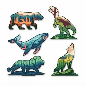 May include: A set of five die-cut stickers featuring animal silhouettes filled with landscape illustrations. The collection includes a bear with a forest and tent, a dinosaur, a whale, a lion, and a howling wolf, all in vibrant nature-themed colours.