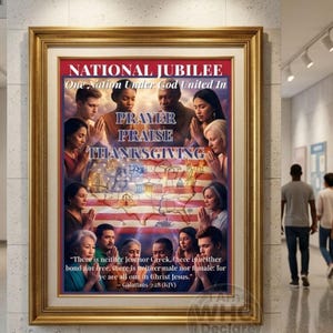 May include: A framed print with gold trim, featuring the words "NATIONAL JUBILEE" and "PRAYER PRAISE THANKSGIVING." The image includes diverse people praying, an American flag, and a Bible verse. The print hangs in a gallery.