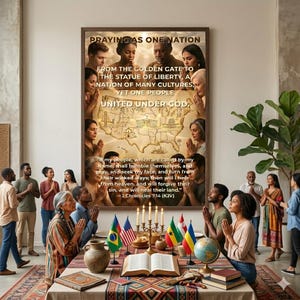 May include: A framed poster with the text "Praying as One Nation" and a map of the United States. The poster features diverse people praying. A table in front holds candles, flags, a globe, and an open book. The text reads "United Under God."