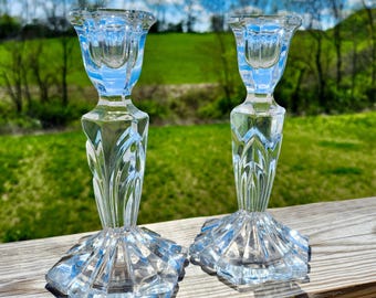 Vintage Pressed Glass Candlesticks Set of 2 | Elegant Clear Glass Taper Holders | Spring Table Decor