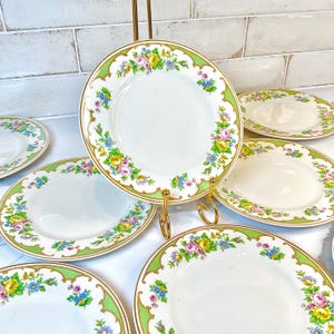 Puede incluir: Un juego de platos de cerámica blanca con un borde decorativo festoneado en verde claro y un patrón floral de flores rosas, amarillas y azules. Un plato se muestra en posición vertical sobre un soporte de metal dorado.