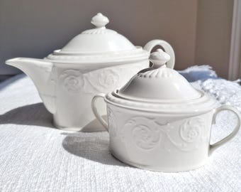 Mikasa Plaza Lane Teapot & Covered Sugar Bowl | All White Embossed Scrolls | Vintage