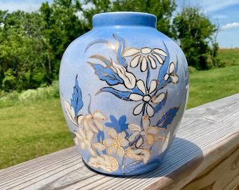 Vintage 1976 Signed Hand-Painted Art Pottery Vase | Blue & Gold Floral Ceramic Vase | Grandmillenial