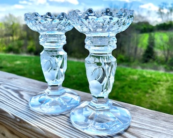 Vintage Etched Glass Candlesticks Set of 2 | Clear Pressed Glass Taper Holders with Leaf Design | Elegant Table Decor