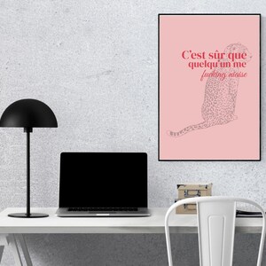 Peut inclure: Affiche rose encadrée de noir avec une illustration de léopard et du texte en français. Le texte dit "C'est sûr que quelqu'un me fucking niaise". Une lampe de bureau noire et un ordinateur portable sont sur un bureau blanc.
