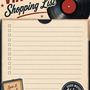以下が含まれることがあります： 上部にVINYL LP Shopping Listの文字、黒いレコードのグラフィック、青いレコードプレーヤーのイラストが描かれたクリーム色の買い物リスト用メモ帳。イラストにはSpin It. Love It.およびGood Music Never Goes Out Of Styleという文字が含まれています。