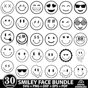 Smiley Face Svg-paket, leende ansikten Svg, Smiley Svg, Smiley Face-klippfil, Svg, Png, Eps, Dxf direktnedladdning