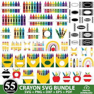 Könnte beinhalten: Eine Sammlung von 55 Crayon-Designs im SVG-Format. Die Designs umfassen Buntstifte, Bleistifte, Buntstiftboxen, Regenbogen und Äpfel. Der Text "CRAYON SVG BUNDLE" wird am unteren Rand des Bildes angezeigt.