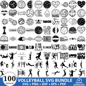 Puede incluir: Un conjunto de 100 diseños SVG de voleibol en blanco y negro. Los diseños incluyen balones de voleibol, corazones, texto y siluetas de jugadores. Disponible en formatos SVG, PNG, DXF, EPS y PDF.