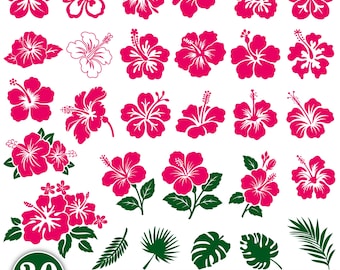Hibiscus Flowers Svg Bundle, Hibiscus svg, Tropical Floral clipart svg, Hawaiian Flower svg, Monstera Leaf svg, Flower svg,Tropical Clip Art