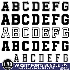 May include: A collection of varsity fonts in various styles, including bold black letters with white outlines and solid black letters. The image includes the letters A through G. Text at the bottom reads "180 Varsity Fonts Bundle".