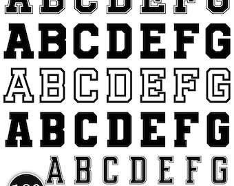 May include: A collection of varsity fonts in various styles, including bold black letters with white outlines and solid black letters. The image includes the letters A through G. Text at the bottom reads "180 Varsity Fonts Bundle".