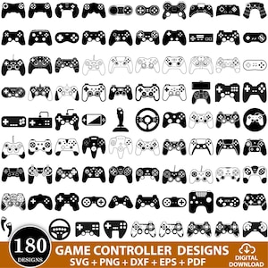 Puede incluir: Una colección de 180 iconos vectoriales en blanco y negro que representan varios mandos de videojuegos, joysticks y volantes dispuestos en una cuadrícula. La sección inferior presenta una insignia circular con el texto 180 GAME CONTROLLER DESIGNS.