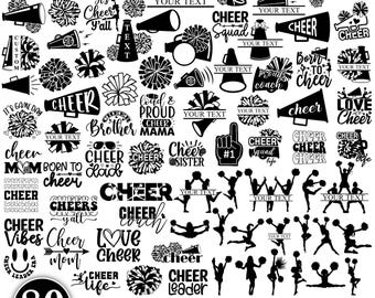 May include: A collection of 80 cheerleader-themed designs in black and white. The designs include cheerleading megaphones, pom-poms, and text such as "Cheer," "Squad," and "Leader." The bundle is available in SVG, PNG, DXF, EPS, and PDF formats.