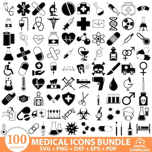 May include: A collection of 100 black and white medical icons, including stethoscopes, pills, syringes, and first aid symbols. The text "MEDICAL ICONS BUNDLE" is displayed at the bottom of the image.