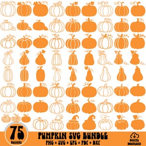 May include: A collection of 75 orange and white pumpkin illustrations in various shapes and sizes, including solid silhouettes and line art designs. The text PUMPKIN SVG BUNDLE PNG + SVG + EPS + DXF is displayed at the bottom of the image.