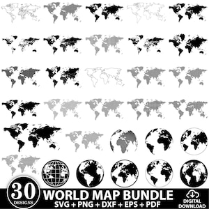 May include: A collection of 30 black and white world map designs, including various flat projections and spherical globe illustrations. The set features solid, outlined, and dotted patterns, with text at the bottom reading 30 WORLD MAP BUNDLE.