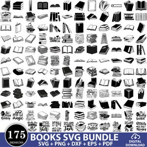 May include: A collection of 175 black and white digital illustrations featuring various books, stacks of books, open books, and reading-themed typography designs, presented as a comprehensive graphic bundle for digital projects.