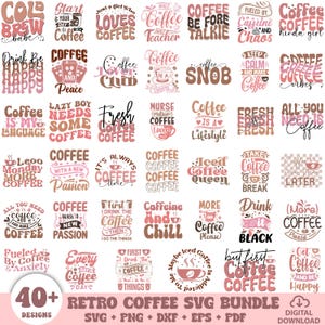 Puede incluir: Una colección de más de 40 diseños SVG retro con temática de café en tonos rosa, marrón y blanco. Los diseños presentan varias citas y frases relacionadas con el café, como "Pero primero, café" y "El café es mi idioma".