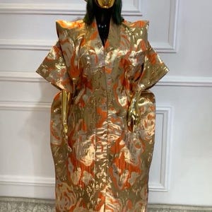 African Damask Boubou: Nigerian Kaftan Maxi Dress with Headpiece