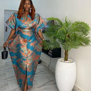 African Damask Boubou: Nigerian Kaftan Maxi Dress with Headpiece
