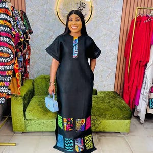 Elegant Mikado Maxi Boubou Dress: Ankara Patchwork, Nigerian Kaftan