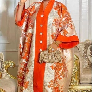 African Damask Boubou: Nigerian Kaftan Maxi Dress with Headpiece