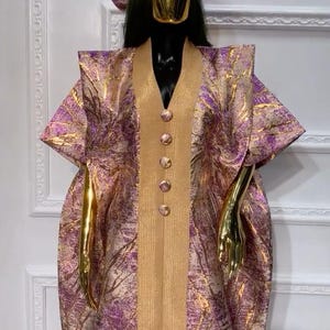 African Damask Boubou: Nigerian Kaftan Maxi Dress with Headpiece