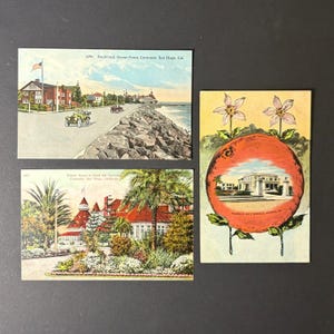 May include: Three vintage postcards featuring colorful illustrations. One shows a coastal road with cars and buildings, another depicts a hotel with palm trees, and the third has an orange with a building inside. Text includes "4296 Boulevard Ocean Front, Coronado, San Diego, Cal."
