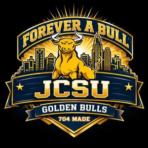Puede incluir: Un logotipo dorado y azul marino con el texto "FOREVER A BULL" sobre un toro amarillo y un paisaje urbano. Debajo, "JCSU GOLDEN BULLS 704 MADE" con acentos de estrella. El logotipo está sobre un fondo negro.