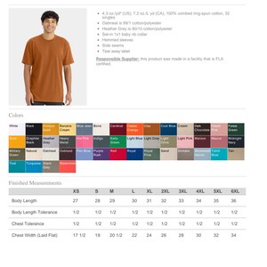 May include: A product sheet for the Next Level Cotton T-Shirt - 3600. The sheet displays a man wearing a brown t-shirt. It includes color swatches, fabric details, and finished measurements in inches for various sizes, from XS to 6XL.
