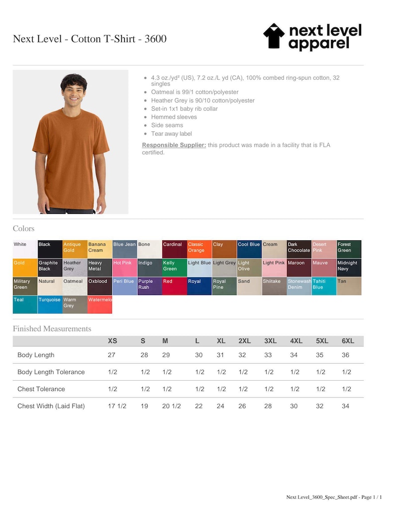 May include: A product sheet for the Next Level Cotton T-Shirt - 3600. The sheet displays a man wearing a brown t-shirt. It includes color swatches, fabric details, and finished measurements in inches for various sizes, from XS to 6XL.
