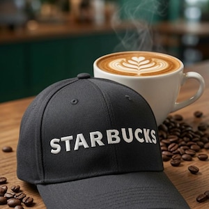 May include: A dark grey baseball cap featuring the word STARBUCKS embroidered in white capital letters on the front panel. The cap has a structured crown, a curved brim, and eyelets on the top panels, positioned near a white ceramic cup of coffee.
