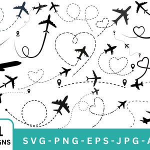 Airplane Heart Path SVG Bundle: Plane Route Clipart (Digital Download)