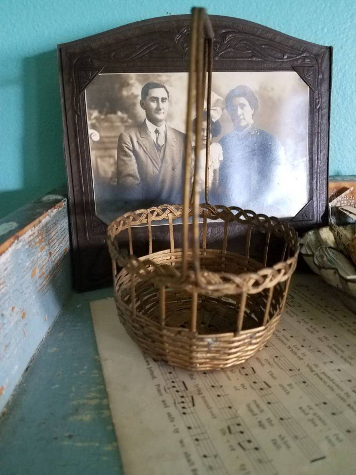 Vintage woven metal basket brass finish aged patina Etsy