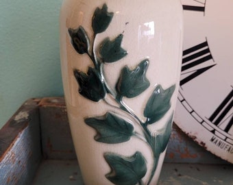 Vintage tall Royal Copley vase with cascading leaf design embossed green leaves