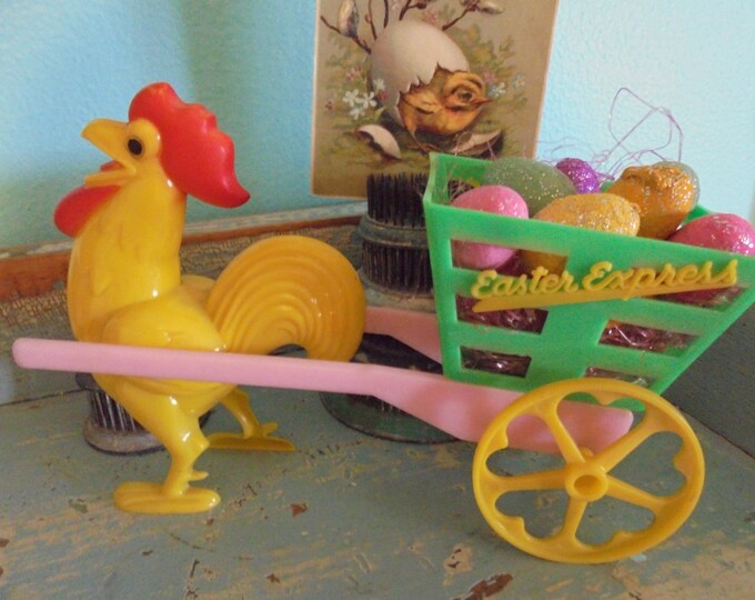 Vintage Easter Toy Rooster Pulling a Cart With Eggs Etsy