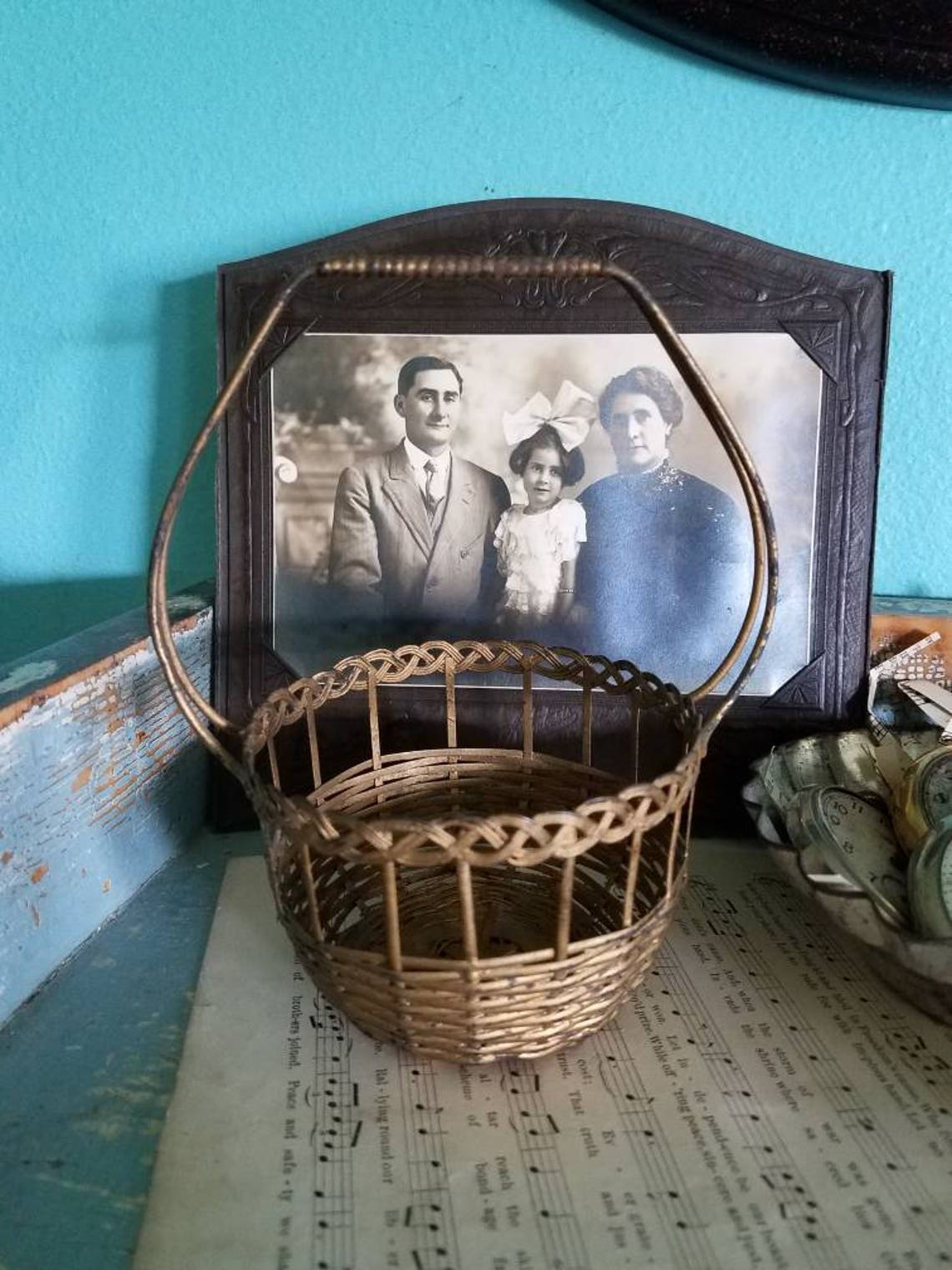Vintage woven metal basket brass finish aged patina Etsy